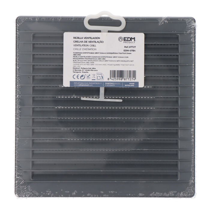 Edm Rejilla ventilación cuadrada empotrable ø 100mm 170x170x11,5mm ABS gris con mosquitera