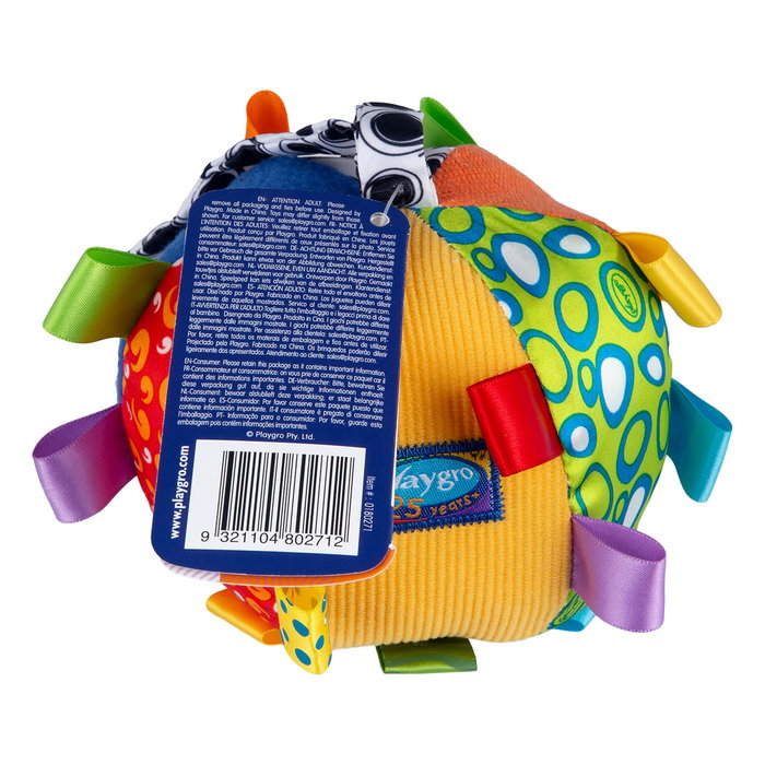 Playgro Pelota Loopy Loops 0180271 - Bebé Suave y Sonajera de Actividades Multilingüe +3 Meses