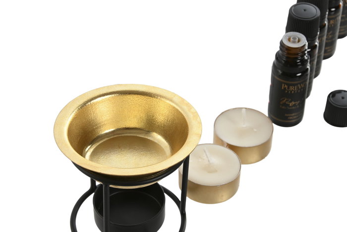 DKD Home Decor Set de 4 Quemadores de Aceites Esenciales Metal Negro y Dorado