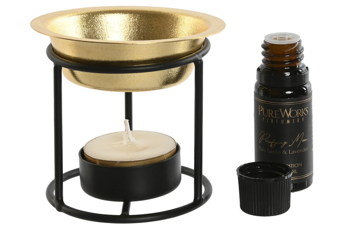 DKD Home Decor Set de 4 Quemadores de Aceites Esenciales Metal Negro y Dorado