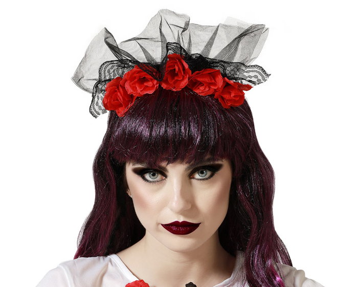 Diadema Catrina con Rosas Rojas y Velo Negro para Mujer Adulto Diadema Catrina con Rosas Rojas y Velo Negro para Mujer Adulto