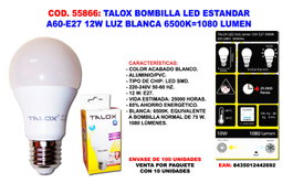 TALOX Bombilla LED A60 E27 12W Luz Blanca 6500K