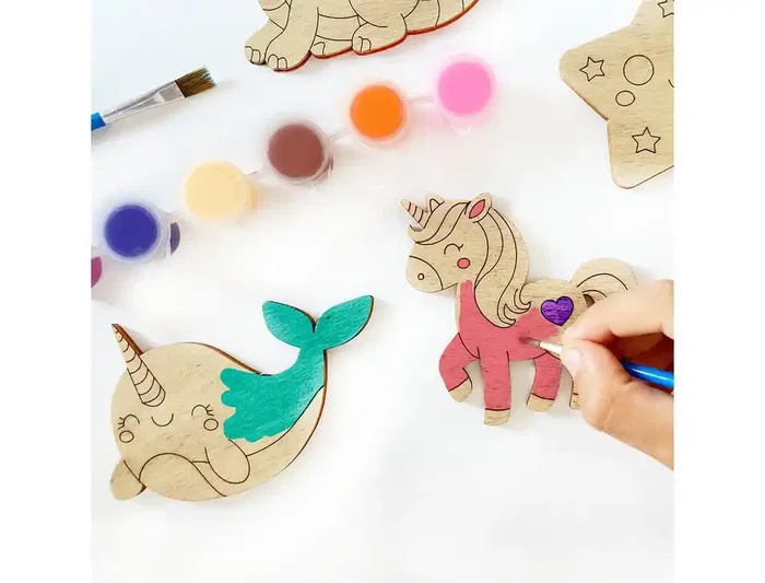 Wondee Kit para Colorear Figuras de Madera Sostenible para Niños con 12 Colores Vibrantes y 2 Brochas