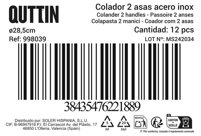 Quttin Colador Acero Inoxidable 2 Asas Ø 28.5 cm (12 Unidades)