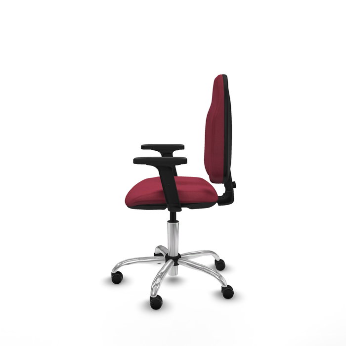 Silla de oficina Algarra con mecanismo Contacto permanente básico tapizada con Tela color Granate. Equipada con Base cromada, Brazos 2D y Ruedas de parqué