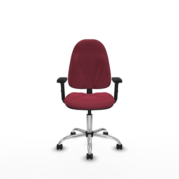 Silla de oficina Algarra con mecanismo Contacto permanente básico tapizada con Tela color Granate. Equipada con Base cromada, Brazos 2D y Ruedas de parqué