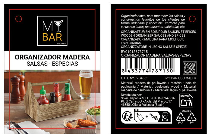 Inde Organizador de Madera para Salsas y Especias My Bar con Dimensiones 25.1 cm x 18.2 cm x 17.8 cm (6 Unidades)