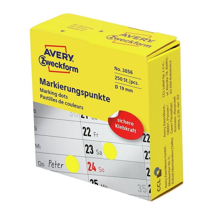 AVERY Zweckform Etiquetas de identificación 3856 amarillas de 19,0 mm, 250 unidades AVERY Zweckform Etiquetas de identificación 3856 amarillas de 19,0 mm, 250 unidades