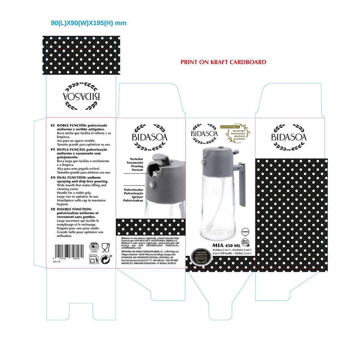 Aceitera Spray y Vertedor Vidrio Mia Bidasoa 450 mL