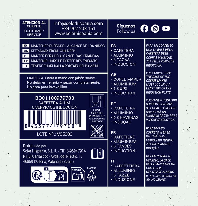 Inde Cafetera Italiana de Aluminio para Inducción, 6 Servicios (300ml) (6 Unidades)