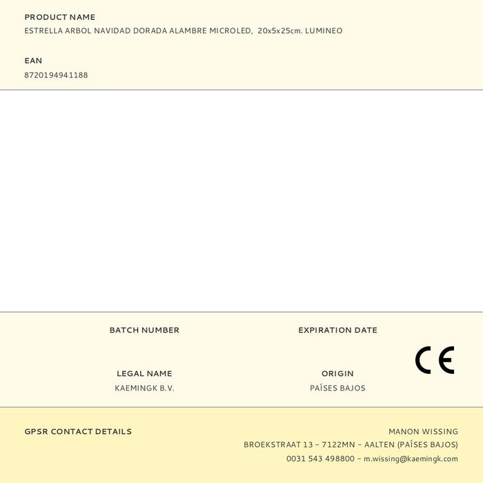 Lumineo Estrella doble top árbol Navidad dorada alambre microled, 20 leds, luz fija blanca cálida, 20x5x25cm