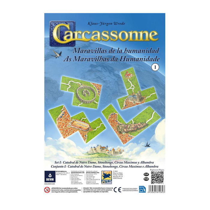 Devir Carcassonne: La Expansión Maravillas de la Humanidad 1 - 4 Losetas de Monumentos (Notre Dame, Stonehenge, Circus Maximus, Alhambra) - Juego de Mesa Expansión