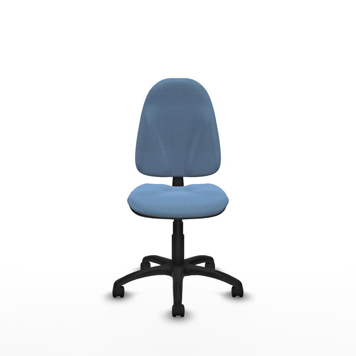 Silla de oficina Algarra con mecanismo Contacto permanente básico tapizada con Tela color Azul cielo. Equipada con Base poliamida negra, Sin brazos y Ruedas de nailon 50 mm