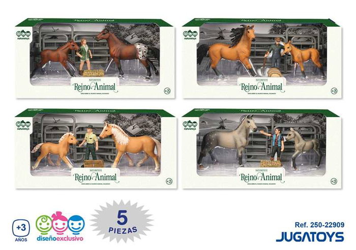 Jugatoys - naturetoys Figuras Caballo y Potro con Granjero y Valla, 5 piezas, Modelos Surtidos
