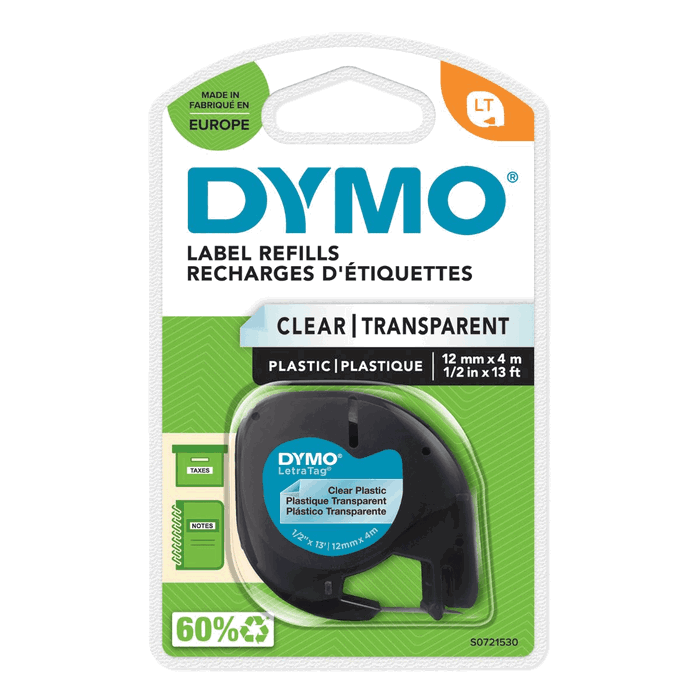 Dymo Cinta LetraTag 12mm x 4m Negro sobre Transparente