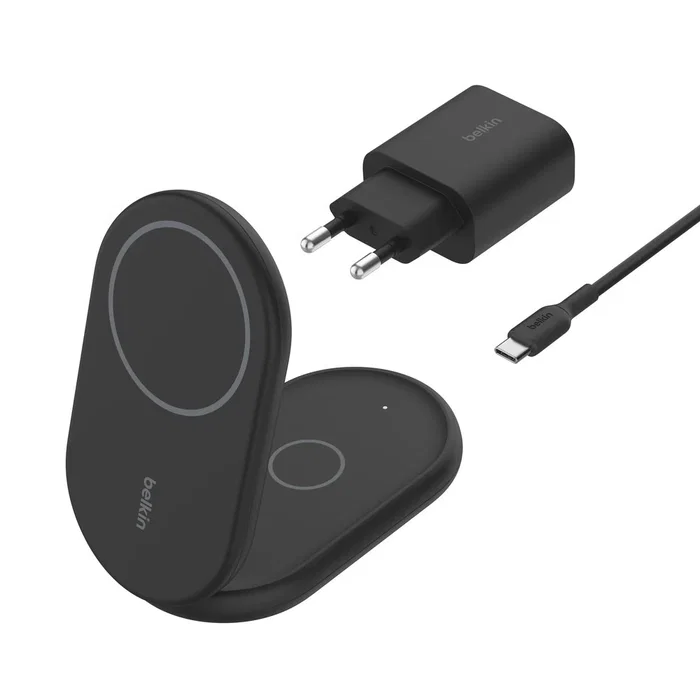 Belkin WIZ028VFBK Cargador Inalámbrico 2-en-1 con Soporte Magnético Qi2 15W, Plegable, Compatible con MagSafe para iPhone y AirPods, Negro