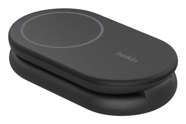 Belkin WIZ028VFBK Cargador Inalámbrico 2-en-1 con Soporte Magnético Qi2 15W, Plegable, Compatible con MagSafe para iPhone y AirPods, Negro