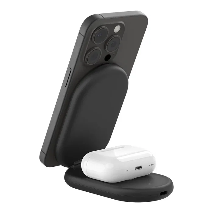 Belkin WIZ028VFBK Cargador Inalámbrico 2-en-1 con Soporte Magnético Qi2 15W, Plegable, Compatible con MagSafe para iPhone y AirPods, Negro
