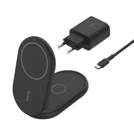 Belkin WIZ028VFBK Cargador Inalámbrico 2-en-1 con Soporte Magnético Qi2 15W, Plegable, Compatible con MagSafe para iPhone y AirPods, Negro