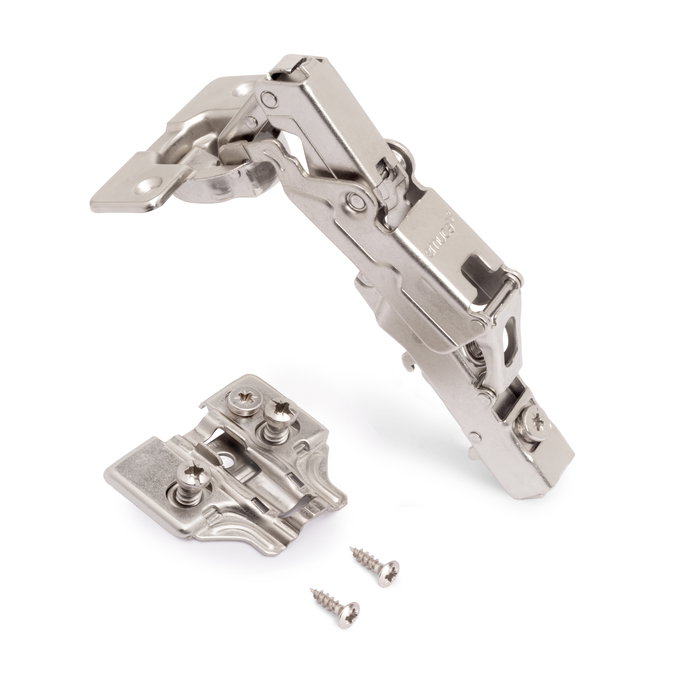 Emuca Lote de 10 bisagras rectas X91 apertura 165 grados con cierre suave y suplementos Euro, Altura 0, Acero, Niquelado