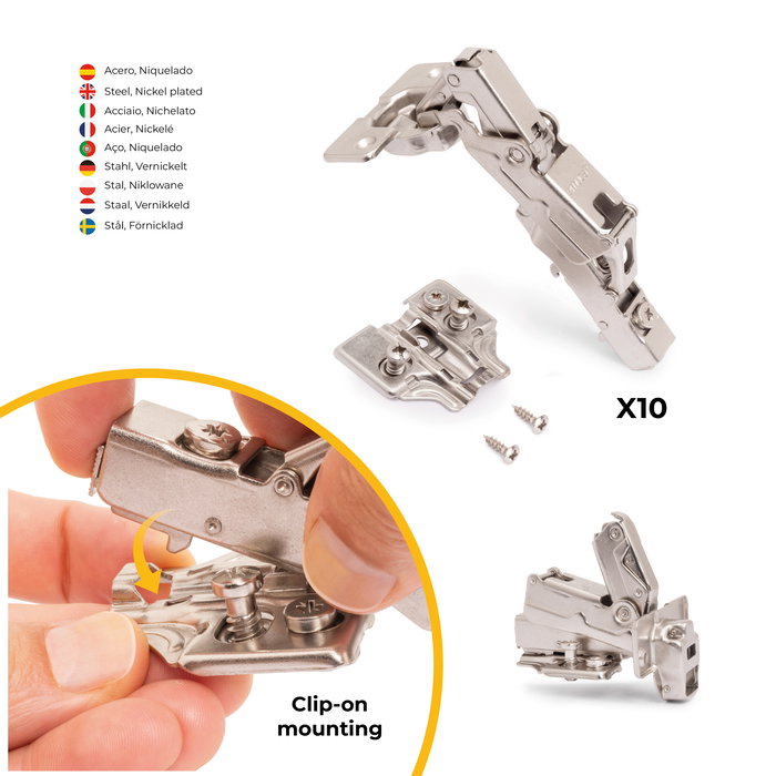 Emuca Lote de 10 bisagras rectas X91 apertura 165 grados con cierre suave y suplementos Euro, Altura 0, Acero, Niquelado