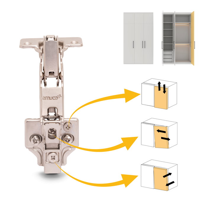 Emuca Lote de 10 bisagras rectas X91 apertura 165 grados con cierre suave y suplementos Euro, Altura 0, Acero, Niquelado