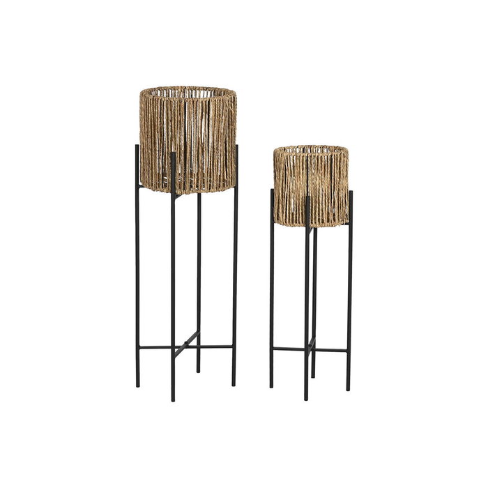 DKD Home Decor Set de 2 Maceteros de Metal y Fibra 24x24x77 Negro y Natural