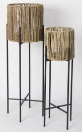 DKD Home Decor Set de 2 Maceteros de Metal y Fibra 24x24x77 Negro y Natural