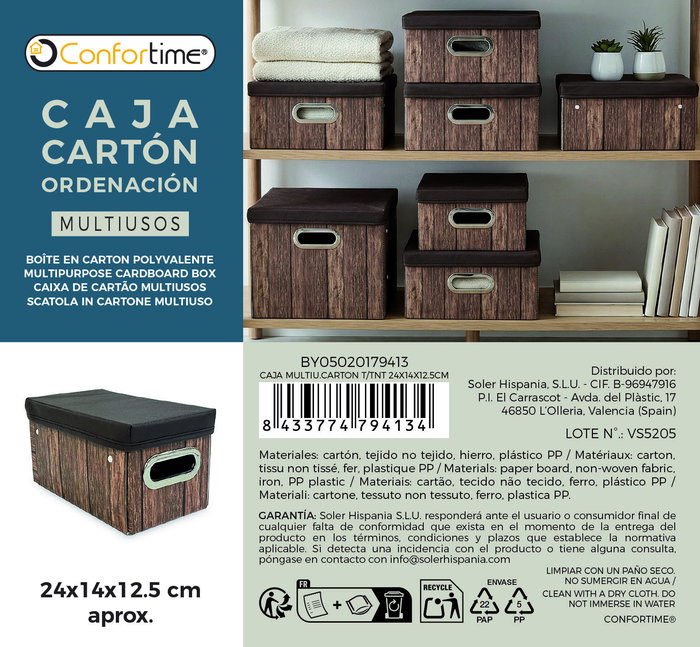 Inde Caja Multiusos de Cartón con Tela, Dimensiones 27.5 x 16.8 x 3.7 cm, Confortime (24 Unidades)