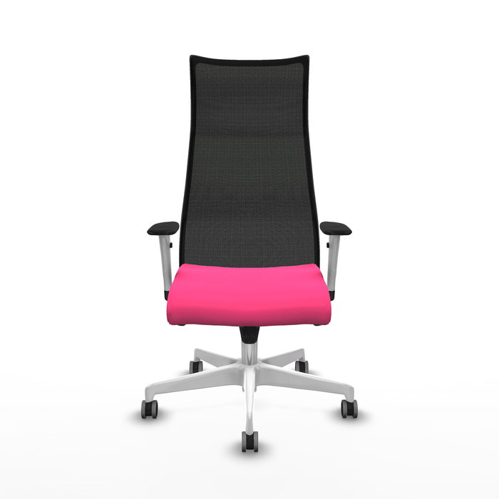 Sillón Albacete con mecanismo Sincro tapizada con Similpiel color Rosa y malla color Negro. Equipado con Base poliamida blanca, Brazos 1D y Ruedas 65 mm parqué