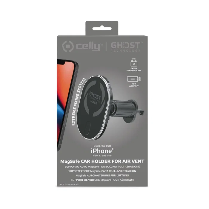 Celly GHOSTSUPERMAG Soporte para Coche con Cargador Inalámbrico para Smartphone, Soporte Pasivo para Rejilla de Ventilación, Negro