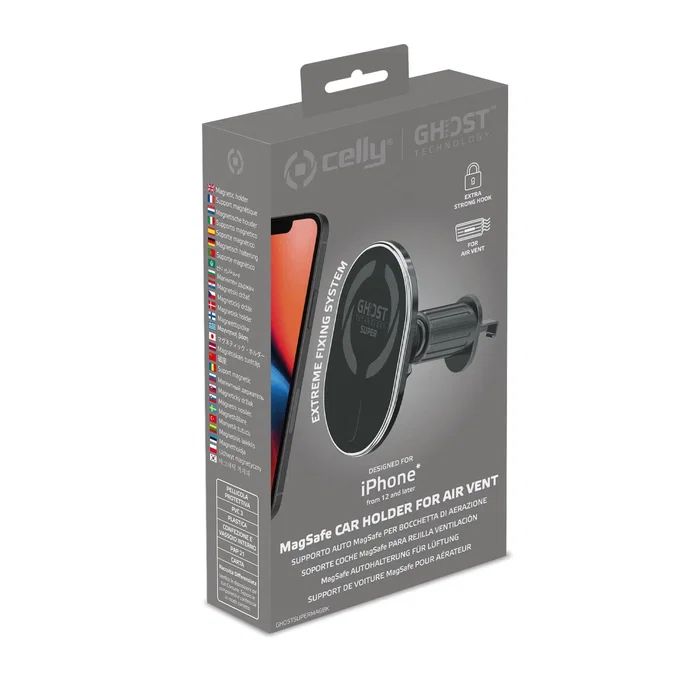 Celly GHOSTSUPERMAG Soporte para Coche con Cargador Inalámbrico para Smartphone, Soporte Pasivo para Rejilla de Ventilación, Negro