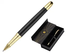 Belius Soiree Bolígrafo de Aluminio Negro y Dorado Tinta Azul Diseño Art Deco