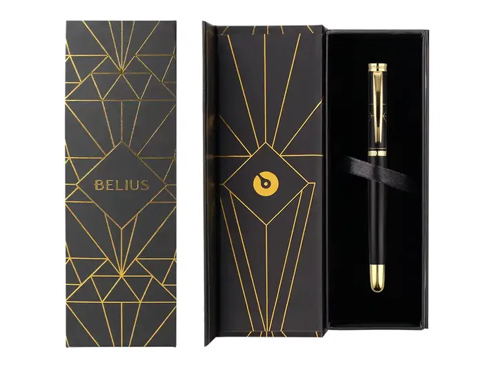 Belius Soiree Bolígrafo de Aluminio Negro y Dorado Tinta Azul Diseño Art Deco