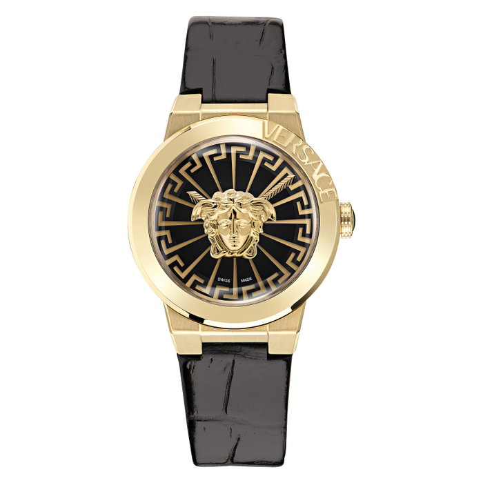 Versace VE3F00222 con caja dorada y correa de cuero negra Versace VE3F00222 con caja dorada y correa de cuero negra