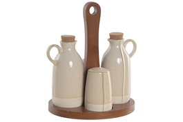 DKD Home Decor Set de Aceitera y Vinagrera 4 Piezas en Gres y Acacia Beige