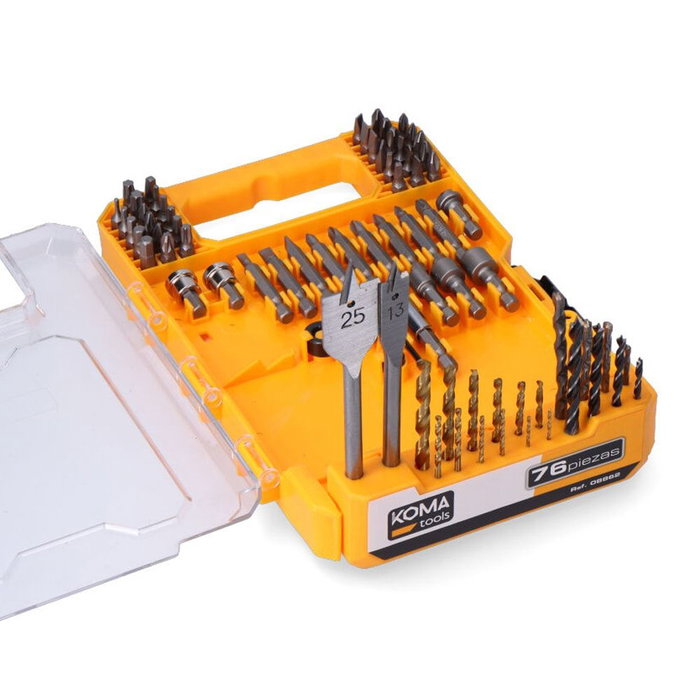 Koma Tools Juego de Puntas y Brocas 76 Piezas Profesional, Incluye Brocas HSS Titanio, Madera, Pared, Puntas PH/PZ/Torx, Vasos Hexagonales, Portapuntas, 25.5x3.6x17 cm