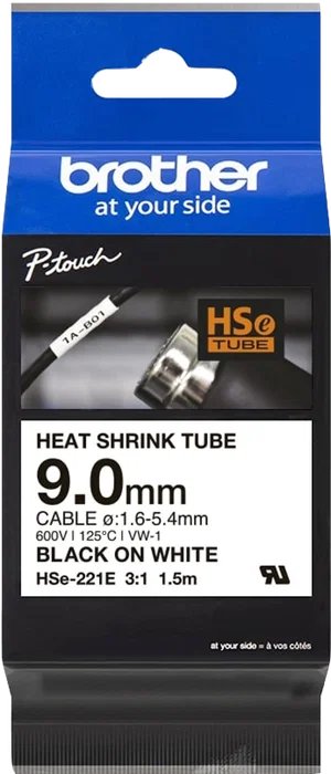 Brother HSe-221E Cinta tubo termorretráctil Negro sobre Blanco 9mm x 1,5m