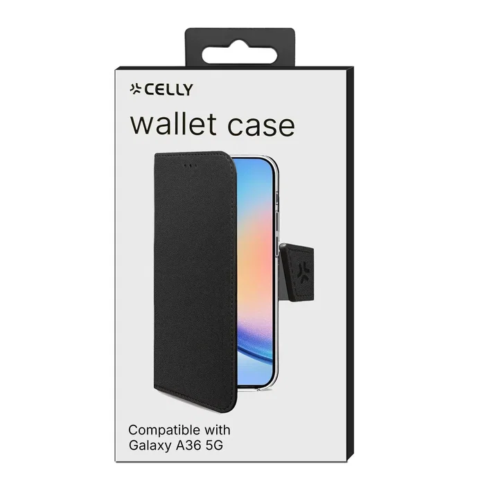 Celly WALLY Funda cartera para Samsung Galaxy A36 5G (17 cm / 6.7") Negro, cierre magnético, imitación piel, soporte sobremesa, 3 bolsillos