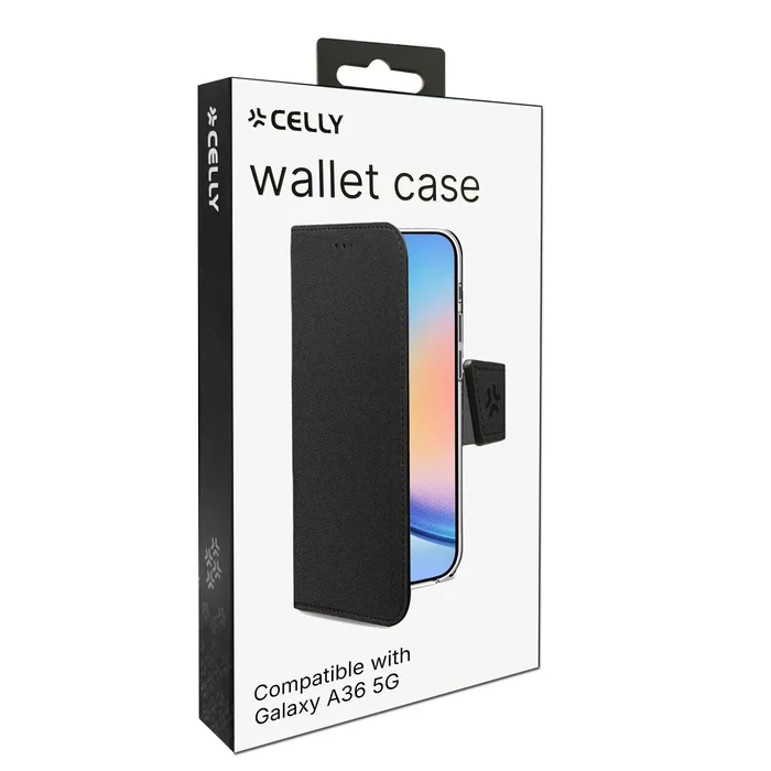 Celly WALLY Funda cartera para Samsung Galaxy A36 5G (17 cm / 6.7") Negro, cierre magnético, imitación piel, soporte sobremesa, 3 bolsillos