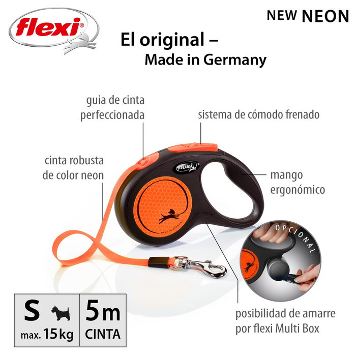 Flexi Neon Naranja Correa Extensible de 5m para hasta 15kg Flexi Neon Naranja Correa Extensible de 5m para hasta 15kg