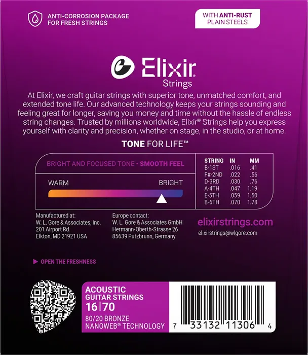 Elixir Nanoweb 80/20 Bronze Baritono 16-70 Cuerdas Acústica Juego