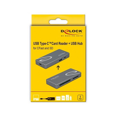 DeLOCK Lector de tarjetas CFast y SD con concentrador USB Tipo-A y Tipo-C, Gris