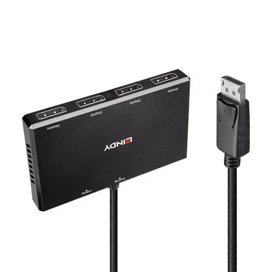 Lindy 38431 Hub DisplayPort 1.2 MST 4 Puertos para Monitores, Distribuidor Multi-Stream Negro, Resolución 4K UHD (3840x2160), Alimentación por USB