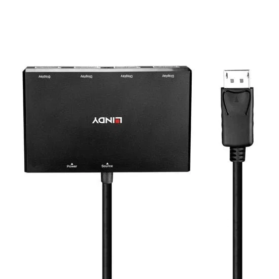 Lindy 38431 Hub DisplayPort 1.2 MST 4 Puertos para Monitores, Distribuidor Multi-Stream Negro, Resolución 4K UHD (3840x2160), Alimentación por USB