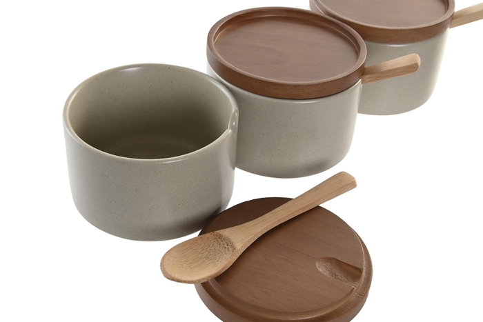 DKD Home Decor Set de 3 Azucareros de Porcelana y Rubberwood Beige/Marrón DKD Home Decor Set de 3 Azucareros de Porcelana y Rubberwood Beige/Marrón