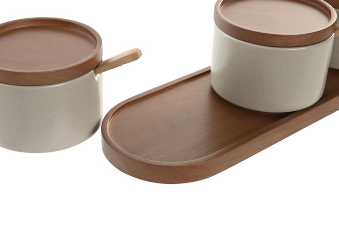DKD Home Decor Set de 3 Azucareros de Porcelana y Rubberwood Beige/Marrón DKD Home Decor Set de 3 Azucareros de Porcelana y Rubberwood Beige/Marrón