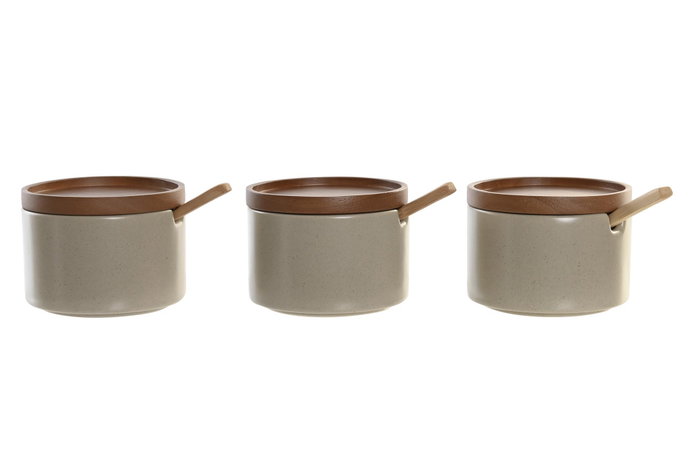 DKD Home Decor Set de 3 Azucareros de Porcelana y Rubberwood Beige/Marrón DKD Home Decor Set de 3 Azucareros de Porcelana y Rubberwood Beige/Marrón