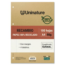 Uninature 53392700 Recambio Reciclado A4 100 Hojas 90gr Cuadricula 4x4 mm con Taladros