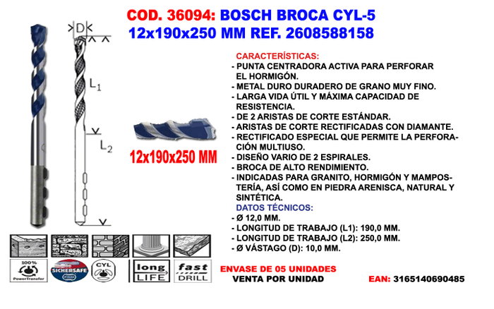 BOSCH Broca para Hormigón CYL-5 Longlife 12x190x250 mm BOSCH Broca para Hormigón CYL-5 Longlife 12x190x250 mm
